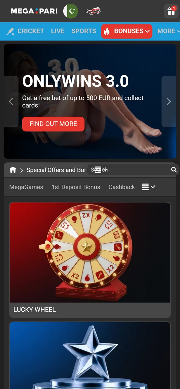The bonus section of the Megapari app